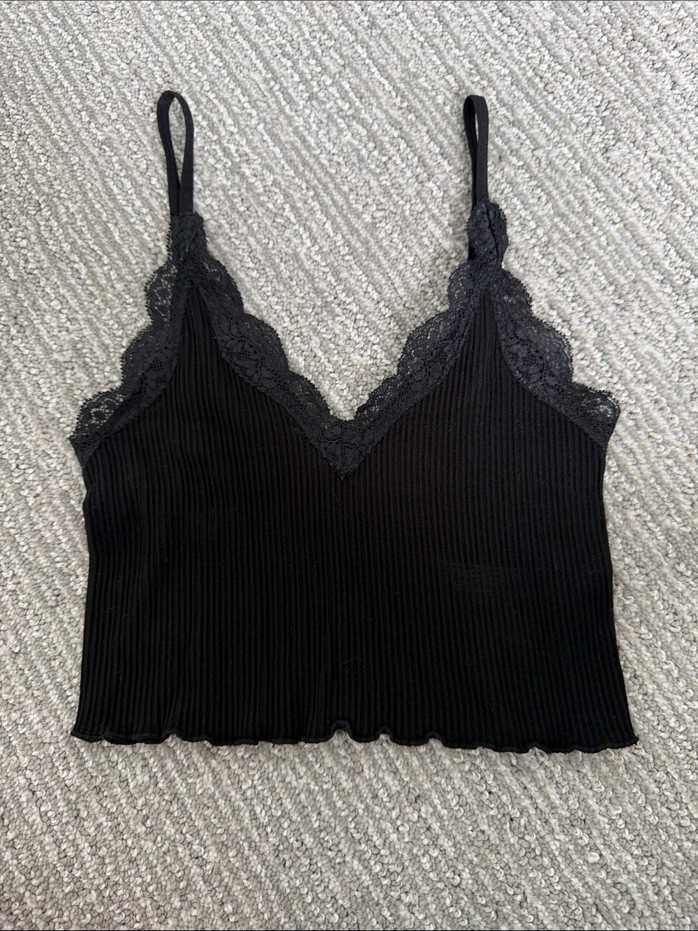 Black Ribbed Lace-Trim Cami Tank